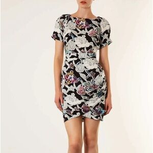 TOPSHOP Black & White Floral Mini Dress with Tulip Hem Size 8